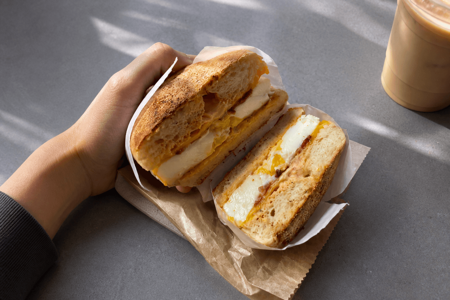 Iced coffee and a breakfast sandwich at Grind House